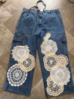 Vintage Jones Sport Boho Crochet Crop Jeans – Size 8 unique homemade design